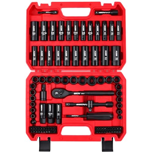 Husky 96-Piece 3/8″ Drive Impact Socket Wrench and Bit Set, SAE 5/16”-3/4” & Metric 8-22mm, Cr-V Standard & Deep Sockets, Power Bits, Ratchet Handle, Universal Joint, Bit Holder, Adapters, Spark Plug Socket
